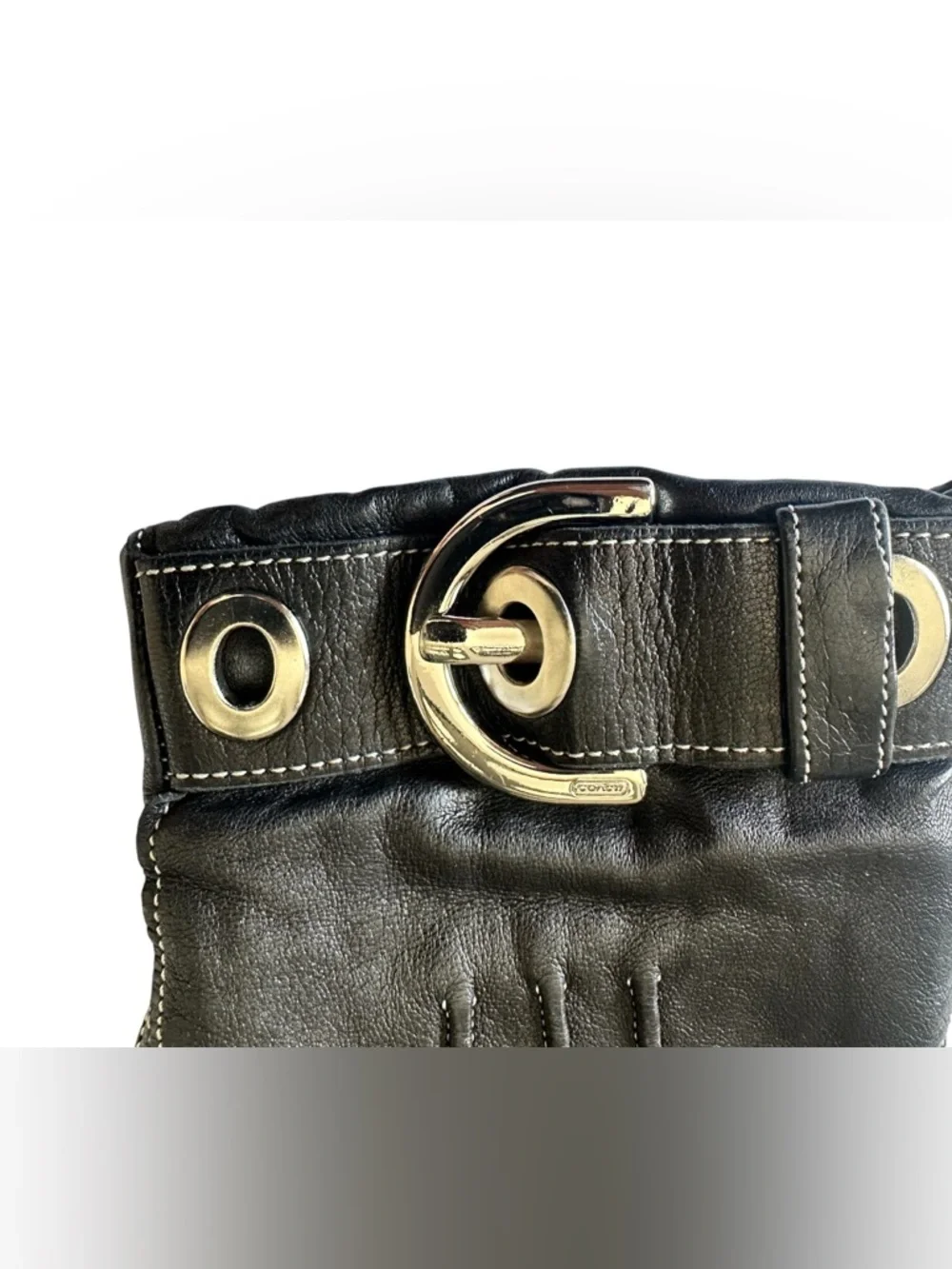 Coach Cashmere Lined Black Leather Gloves with Silver -Tone Buckle Accent